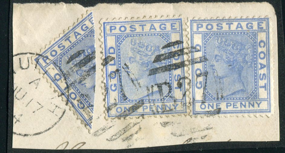Gold Coast 1884 (JU 17) 1d Blue bisect on small fragment with 1876-84 1d blue (2) cancelled B27 (SG 6a)
