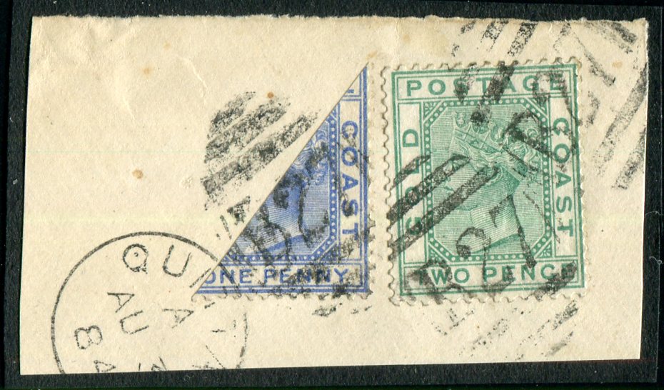 Gold Coast 1876-84 1d Blue bisect on smal fragment with 1879 2d green cancelled B27 and large part QUITTAH AU 3  84 cds, fine
