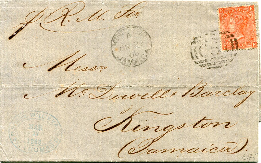 Great Britain Used Abroad - DANISH WEST INDIES 1868 (15 MAR) Entire from St Thomas to Jamaica franked GB 4d vermilion plate 9 tied by C51, with SCHOON & WILLINK & Co. St Thomas forwarding cachet and Kingston Jamaica (MR23) arrival alongside, St Thomas dispatch on revers (MR17), fine