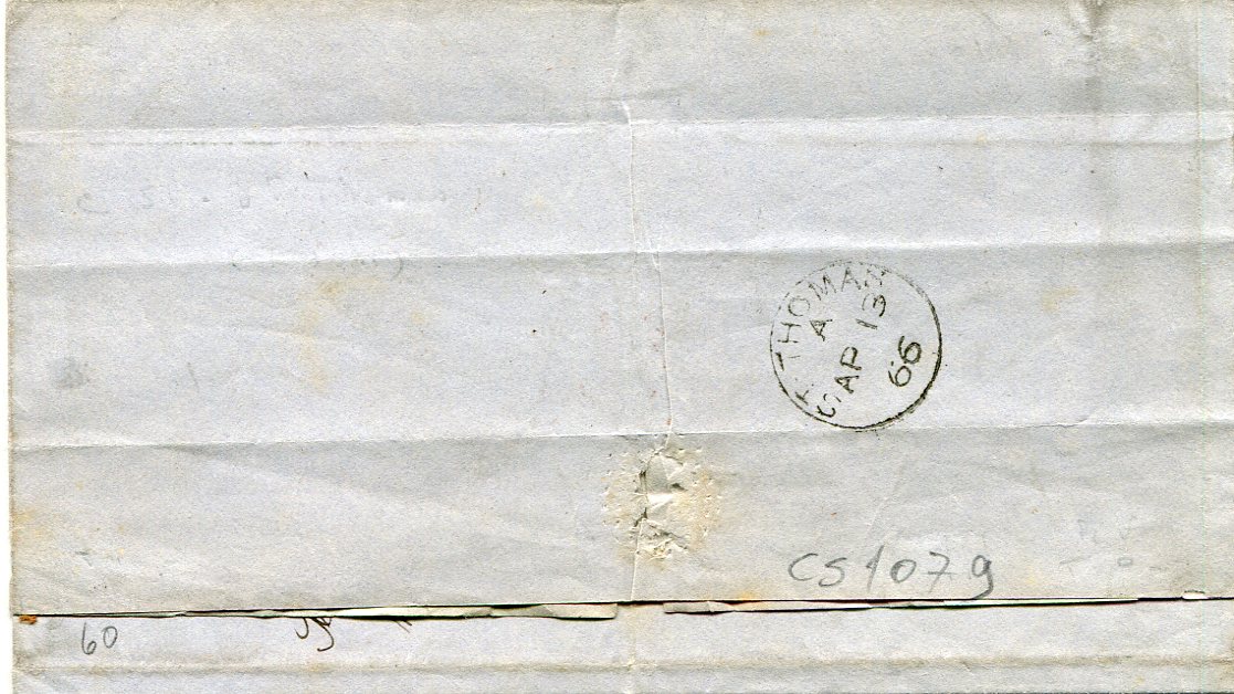 Great Britain Used Abroad - DANISH WEST INDIES 1866 (AP13) Folded cover to the Danish Consul in London franked 1s green pl.4 tied by C51 with London Paid cds in red (30 AP) alongside, bs small St Thomas A (AP 13) bs, filing creases clear of adhesive