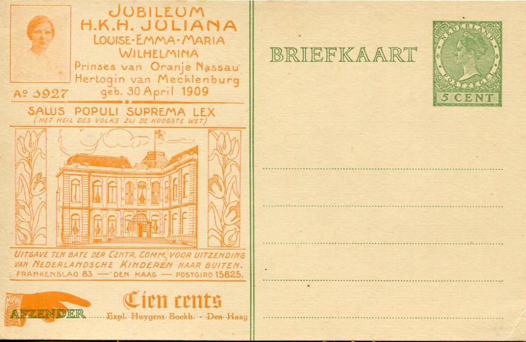 Netherlands 1927 18th birthday of Princess Juliana 5c postal stationery card showing Den Haag in mixed type, on standard card, fine unused.