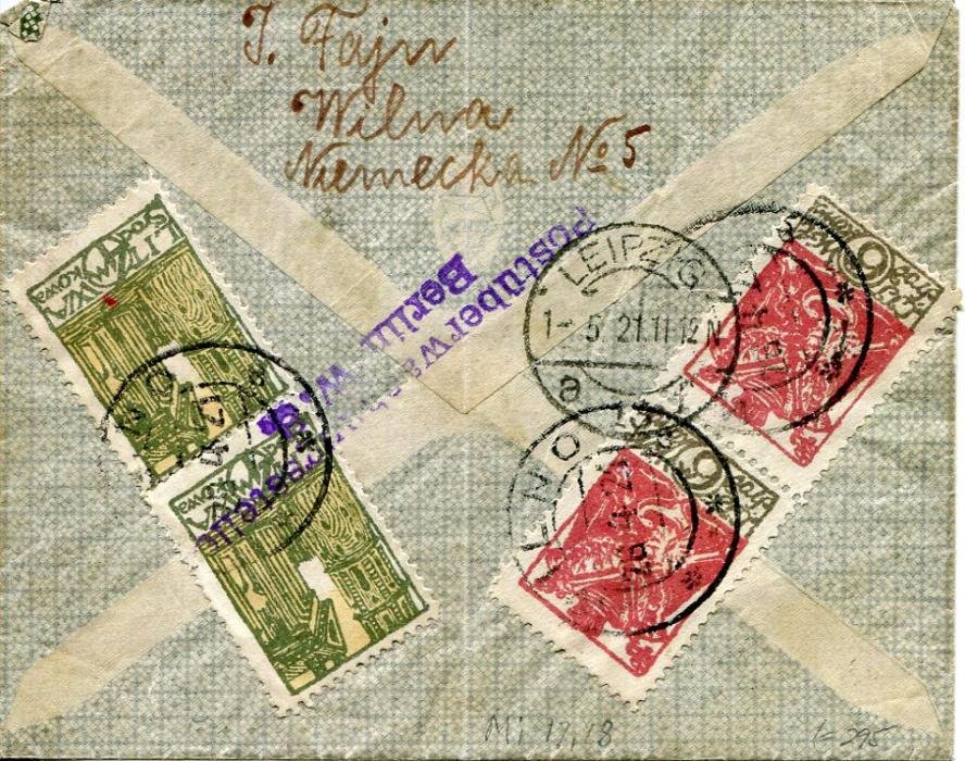 Lithuania Central Lithuania 1921 (1.5) registered cover to Leipzig franked on reverse 1920 vertical pairs of 4m. Tower and Cathedral plus 6m. Rectors Insignia tied Wilno cds, registration handstamp on front, reverse with Berlin Customs checking handstamp, arrival cancel also tying 6m. pair; vertical and diagonal crease clear of adhesives.