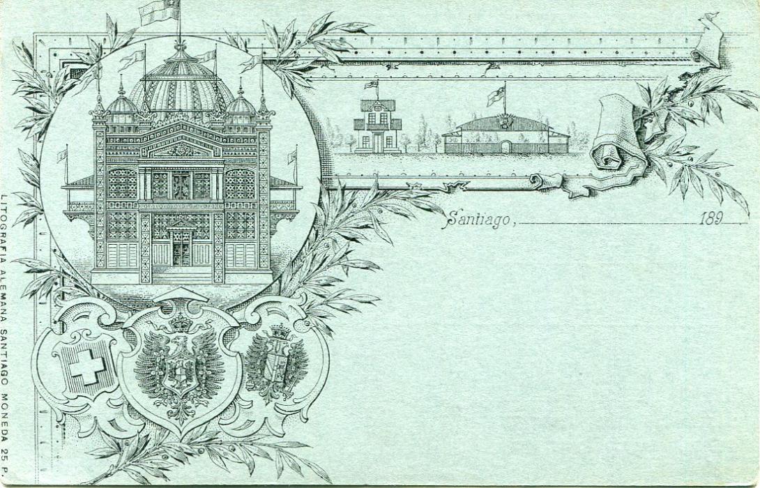 Chile 1890s 3c. illustrated stationery card entitled ‘Santiago’ with Arms of Switzerland, Germany and Austria; good unused. 