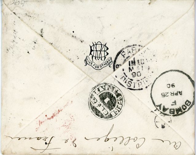 India INDIA MARITIME: 1890 (AP 1) Envelope to France franked India QV 1a. + 2a. tied by indistinct ‘UTT....’ squared circle, on reverse handstamped exceedingly rare intaglio SEA POST OFFICE E 25 AP, Bombay transit and Paris arrival alongside.
