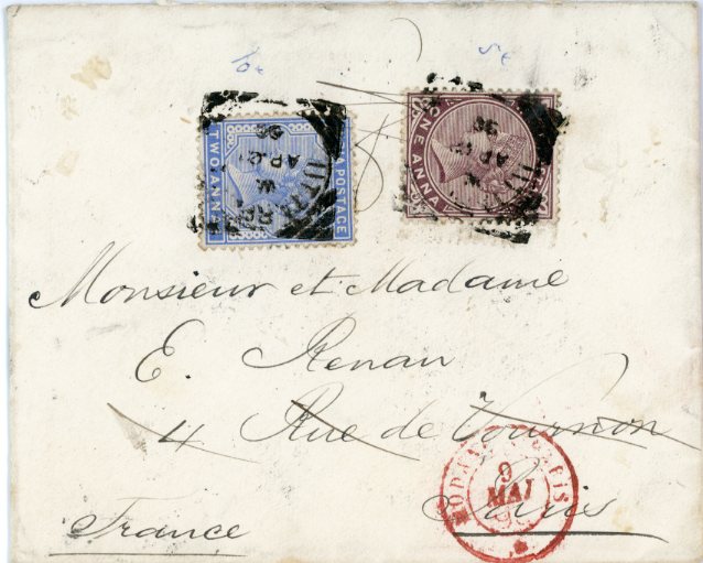 India INDIA MARITIME: 1890 (AP 1) Envelope to France franked India QV 1a. + 2a. tied by indistinct ‘UTT....’ squared circle, on reverse handstamped exceedingly rare intaglio SEA POST OFFICE E 25 AP, Bombay transit and Paris arrival alongside.