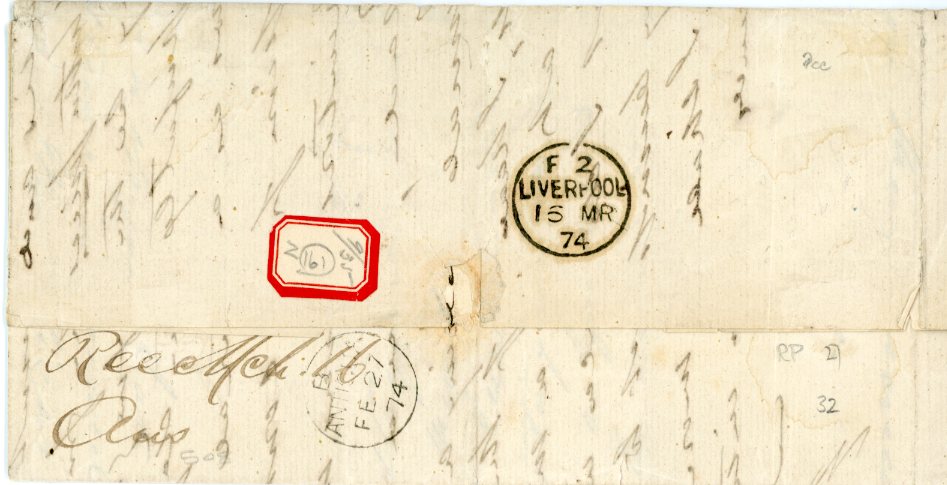 ANTIGUA ANTIGUA: 1874 (27 Feb) Entire to Liverpool, bearing 6d. blue green pair neatly tied by ‘A02’ obliterator and showing, on reverse, despatch and arrival (16.3) datestamps. A neat and attractive franking. S.G. 15. Ex Simon Greenwood.