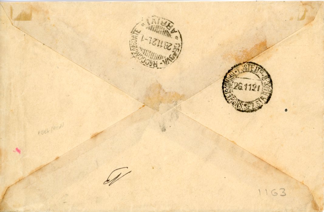 CHINA ITALIAN POST OFFICE CHINA ITALIAN POST OFFICE: 1921 (8 Oct) Registered envelope to Italy franked Italy 5L. ovpt 2
Dollari/Tientsin single franking tied by R.R. POSTE ITALIANE TIENTSIN-CINA c.d.s, repeated alongside, with additional handstamp R.R. POSTE ITALIANE/ TIENTSIN-CINA alongside with R.NO ‘457’, Genova arrival backstamps. From the Parodi correspondence. Some overall light toning. Absolute rarity. A. Diena Certificate.