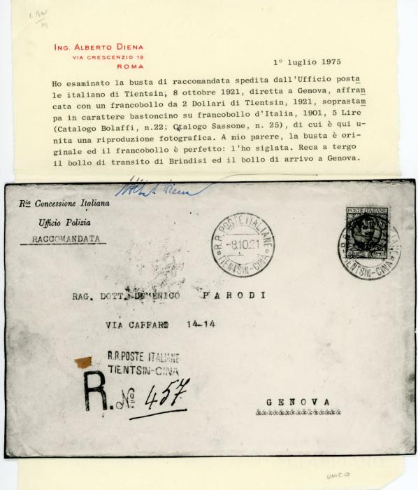 CHINA ITALIAN POST OFFICE CHINA ITALIAN POST OFFICE: 1921 (8 Oct) Registered envelope to Italy franked Italy 5L. ovpt 2
Dollari/Tientsin single franking tied by R.R. POSTE ITALIANE TIENTSIN-CINA c.d.s, repeated alongside, with additional handstamp R.R. POSTE ITALIANE/ TIENTSIN-CINA alongside with R.NO ‘457’, Genova arrival backstamps. From the Parodi correspondence. Some overall light toning. Absolute rarity. A. Diena Certificate.