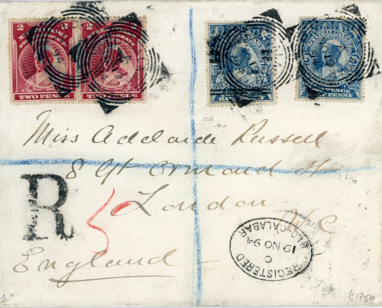 NIGER COAST PROTECTORATE NIGER COAST PROTECTORATE: 1894 (No 19) Envelope to England franked 1/2d. on 2 1/2d. blue variety ‘OIE’ for ‘ONE’ SG 65b in combination with 1894 2 1/2d. blue and 2d. lake (2) all tied by Old Calabar squared circle datestamps with oval registered datestamp in association? alongside and large ‘R’, Liverpool transit and London arrival backstamps, reverse with light staining, rare.
