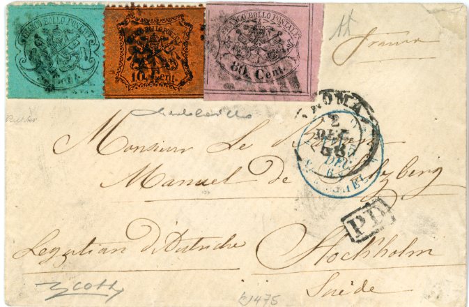ITALY ROMAN STATES ITALY ROMAN STATES: 1868 (2 12) Envelope addressed to Stockholm, Sweden franked 1867 80c. rose lilac imperf (6 complete guidelines, 2 others touching) + 1868 5c. + 10c. (SASS 20 + 25 + 26) cancelled rhomboid of dots with Roma c.d.s. in association, attractive and scarce franking with such a large margined 80c. to an unusual destination. Cardillo and Cola Certificates.