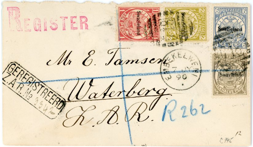 SWAZILAND SWAZILAND: 1890 (7 JY) Registered envelope to Tamsen franked 1889 1/2d. + 1d. + 2d. +6d. tied by 718 numeral with EMBEKELWENI c.d.s alongside, boxed GEREGISTREERD/ Z.A.R. No ‘3342’, overpaid by 1 1/2d. Fine.