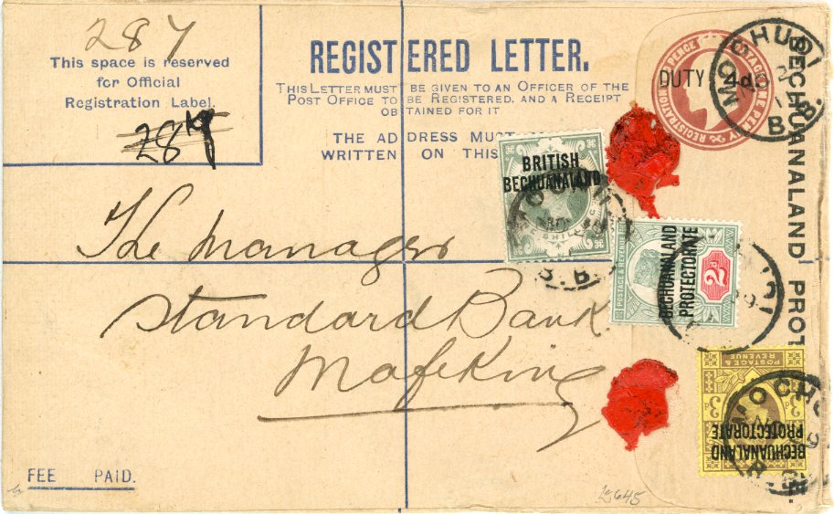 BECHUANALAND BECHUANALAND: (De La Rue Overprints) 1911 (Nov 29) ‘Duty 4d.’ on 3d. Registered postal stationery envelope to Mafeking uprated with 1897/1903 2d. grey-green & carmine, 3d. purple on yellow and 1894 1s. dull green, all tied by ‘MOCHUDI / B.B.’ c.d.s’s in black, with Mafeking arrival c.d.s. of the same day. A rare usage - British Bechuanaland stamps remained valid in the Protectorate only, even after the formation of South Africa on 31 March 1910. Therefore the 1s. value remained valid for use to Mafeking but from Mafeking to Mochudi the stamp would not be valid. 
Provenance:
Robson Lowe (12 March 1985, lot 41) Christies (19 Nov 1996, lot 67)