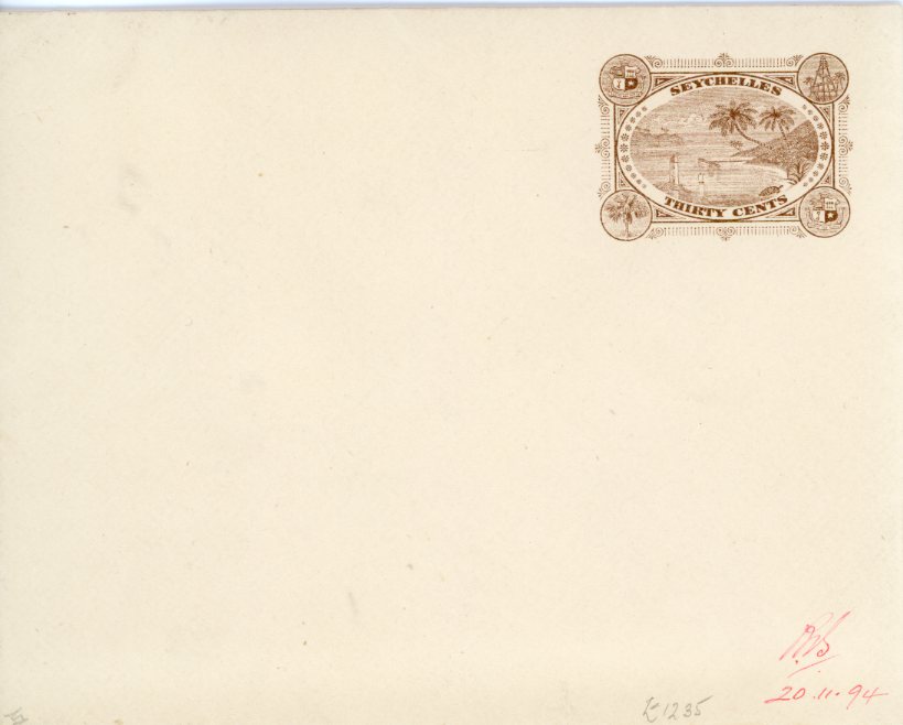Seychelles SEYCHELLES: 1894 De La Rue File Proof for the 30c. postal stationery envelope (Heg B3) printed in a lighter shade of brown than the issued envelope, initialled and dated ‘20.11.94’ in red ink at lower right, some adhesions on reverse. Rare.