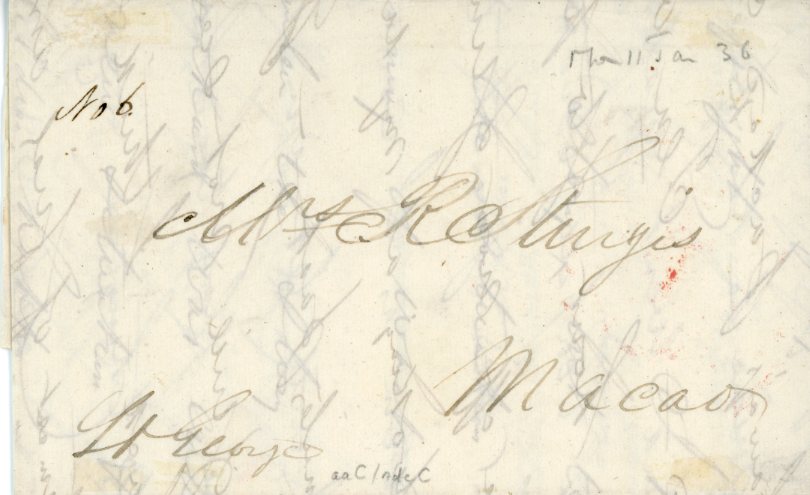 MACAU MACAU: 1836 (11 Jan) Entire written by Russell Sturgis to his wife in Macau, showing ‘St George’ annotation on front, scarce circular ‘BOAT OFFICE / 10 Cents / MACAO’ postmark in red and ink- brush delivery characters on the flap. This cancel was used on boats of Markwick Edwards & Co. St. George was one of the three boats between Canton and Macoa.