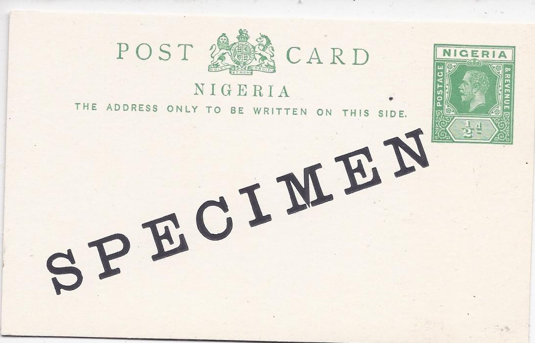 Nigeria 1914 1/2d. King George V postal stationery card overprinted SPECIMEN diagonally; very fine condition.