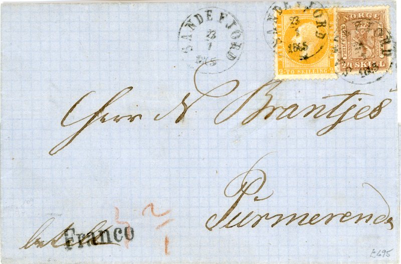 NORWAY NORWAY: 1865 (23 Jan) Folded cover to Netherlands franked 1857 Oscar 2sk. orange + 1863 24sk. browntied by SANDEFJORD c.d.s, handstamp FRANCO alongside, PURMEREND arrival backstamp in red and transit Svinesundand Lubeck, fine. Moldenhauer Certificate.