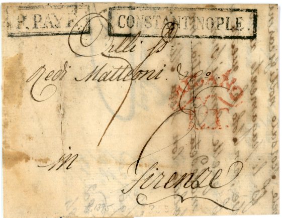 TURKEY TURKEY: 1812 (2 Oct) Entire to Firenze, Italy with very scarce boxed CONSTANTINOPLE and P.PAYE, Milano L.T. in red transit alongside, disinfected slits, a little aged.