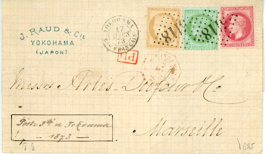 FRANCE - Japan Post Office Abroad FRANCE - Japan Post Office Abroad: 1873 (17 Mars) Folded cover to France franked Nap 80c. + Ceres 5c. + 15c. tied by ‘gros chifffres’ 5118 in lozenge with Yokohama Bau. Francais c.d.s. and faint red French maritime octagonal datestamp alongside, faint Marseilles backstamp, fine 3 colour franking.