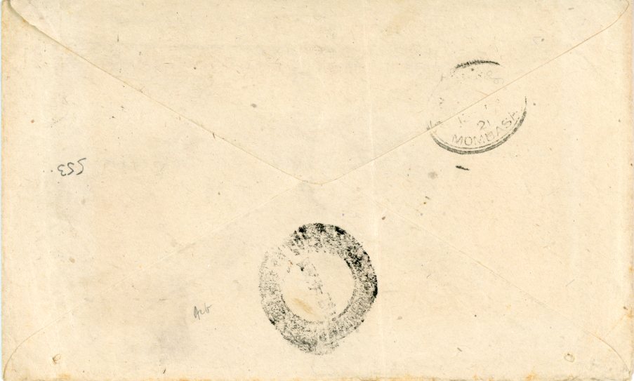 TANGANYIKA TANGANYIKA: 1921 Envelope registered to Praha, Bohemia franked East Africa 15c. bright blue + 25c. black and red / yellow tied by large MOSHI c.d.s’s (unclear) with manuscript ‘R moshi 530’ in red registration alongside, Mombasa transit and indistinct arrival backstamps, a few small envelope issues not affecting stamps, scarce.