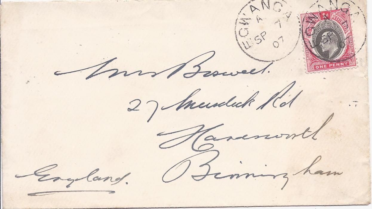 Nigeria Southern Nigeria 1907 cover to Birmingham franked 1d. tied Egwanga cds with another strike alongside, Birmingham arrival backstamp.