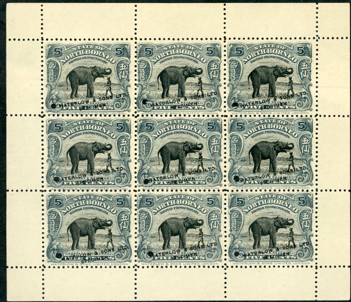 NORTH BORNEO NORTH BORNEO: 1909 5c. India Elephant (SG 165) in unissued colour grey and black in printer’s sample miniature sheet of 9, unused, no gum, each stamp with small security punch hole and diagonally ovpt.in black WATERLOW & SONS LTD./ SPECIMEN, fine and popular thematic.