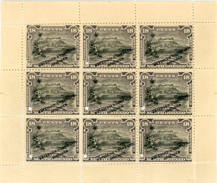 NORTH BORNEO NORTH BORNEO: 1894 18c. Mount Kinabalu in unissued colour dark violet and black in printer’s sample miniature sheet of 9, unused, no gum, each stamp with small security punch hole and diagonally ovpt.in black WATERLOW & SONS LTD./ SPECIMEN, fine.