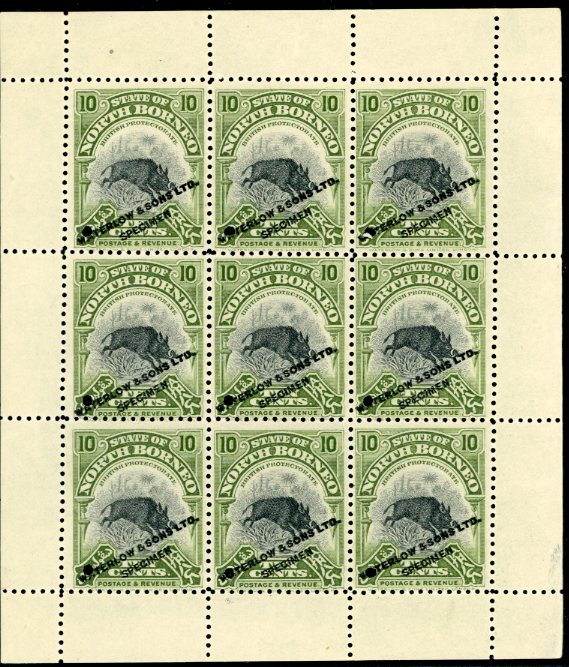 NORTH BORNEO NORTH BORNEO: 1909 10c. Wild boar in unissued colour green and black in printer’s sample miniature sheet of 9, each with small security punch hole and diagonally ovpt. in black WATERLOW & SONS LTD./ SPECIMEN, unused, no gum, (SG 170) fine.