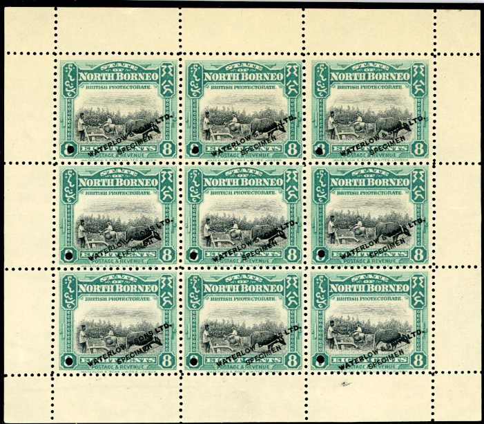 NORTH BORNEO NORTH BORNEO: 1909 8c. Ploughing with Buffalo in unissued colour blue green and black in composite printer’s sample miniature sheet of 9, unused, no gum, each with small security punch hole and diagonally ovpt. in black WATERLOW & SONS LTD./ SPECIMEN, fine.