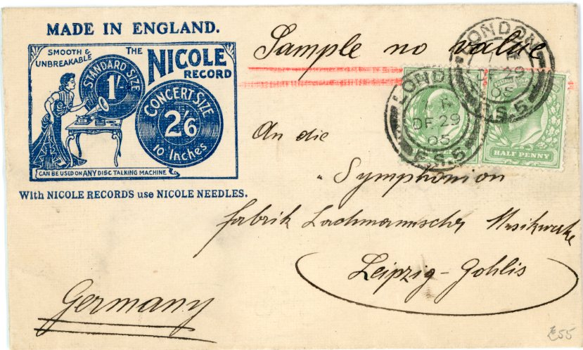 GREAT BRITAIN GREAT BRITAIN - Advertising: 1905 (DE 29) Envelope to Germany franked KEVII 1/2d. (2) advertising NICOLE Freres in London advertising musical boxes and talking machines on flap, and records / gramophone on front.