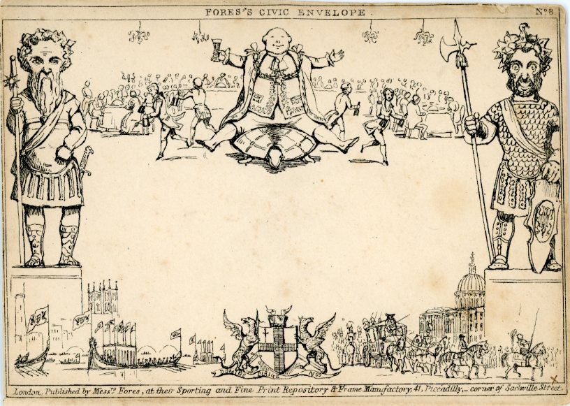 GREAT BRITAIN GREAT BRITAIN: 1840 (Nov) Fores’s Civic Envelope No 8 Mulready Caricature of Lord Mayor Day in London unused, scarce. Thematic: tortoise, dragon, flags.