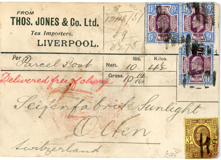GREAT BRITAIN GREAT BRITAIN: 1910 Parcel Post card to Switzerland (Olten) franked KEVII 9d. pair + single (corner fault) + 3d. (faulty) sent from Liverpool, cancelled with bars, manuscript ‘Delivered free of charge’, franking of 2/6d. for a parcel exceeding 7lb, not exceeding 11lb, highly unusual.