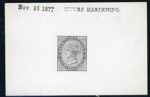 MAURITIUS MAURITIUS: 1879/80 ‘Thirteen Cents’ Die Proof in black on glazed card, dated at top ‘Nov. 16 1877’. Handstamped ‘BEFORE HARDENING’.