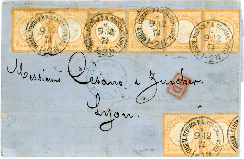 GERMAN LEVANT GERMAN LEVANT: 1874 (5 Dec) Entire from Brousse to France franked Mi 18 1/2gr. orange large shield horizontal strip of 6 + pair tied by KAISERL . DEUTSCH . P.A . CONSTANTINOPEL 9/12/74 c.d.s’s, French Entry mark in blue alongside, Lyon arrival backstamp. Some minor staining. Spectacular and rare franking. Ex John Volny. G Brugger certificate.