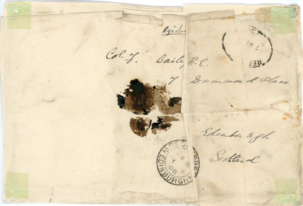 TIBET TIBET: 1908 (JA 08) Registered envelope to Scotland franked India 1a. + 2a. + 4a. tied by GYANTSE - TIBET / SILIGURI BASE c.d.s’s addressed to Col Bailey, with boxed R/ TEMPORARY registration cachet alongside, registered London transit and Edinburgh arrival backstamps, cover faults clear of adhesives and soiled. Very scarce.