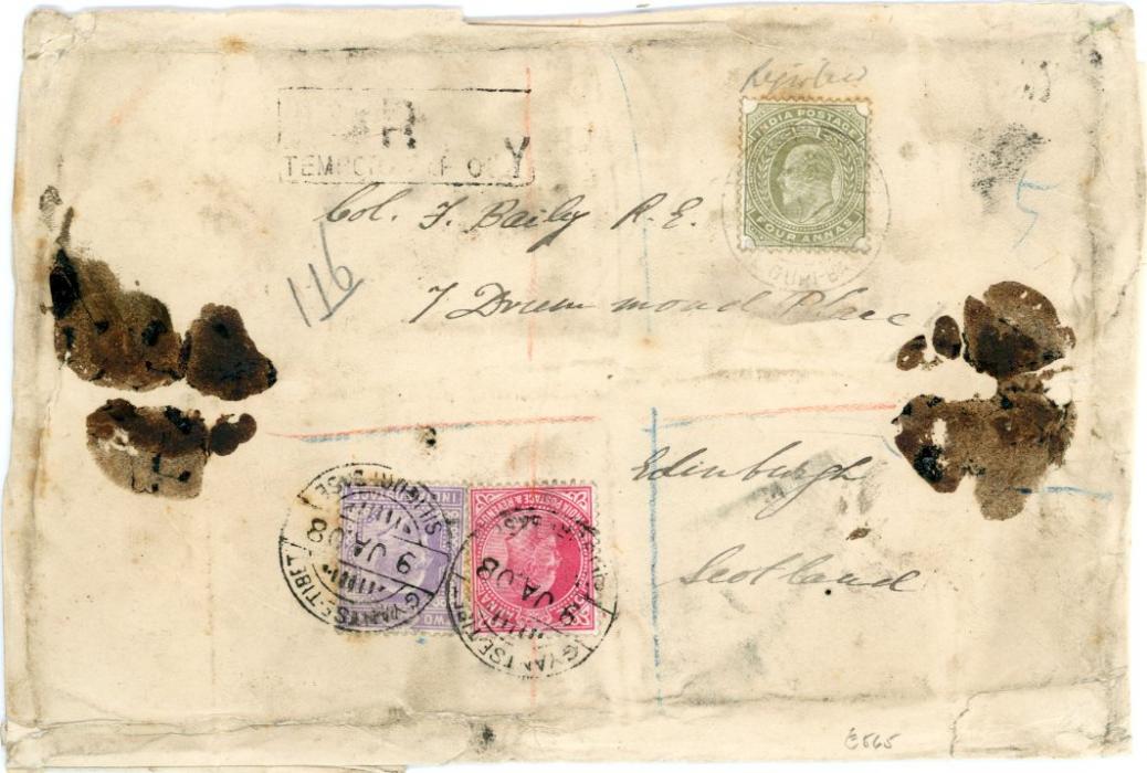 TIBET TIBET: 1908 (JA 08) Registered envelope to Scotland franked India 1a. + 2a. + 4a. tied by GYANTSE - TIBET / SILIGURI BASE c.d.s’s addressed to Col Bailey, with boxed R/ TEMPORARY registration cachet alongside, registered London transit and Edinburgh arrival backstamps, cover faults clear of adhesives and soiled. Very scarce.