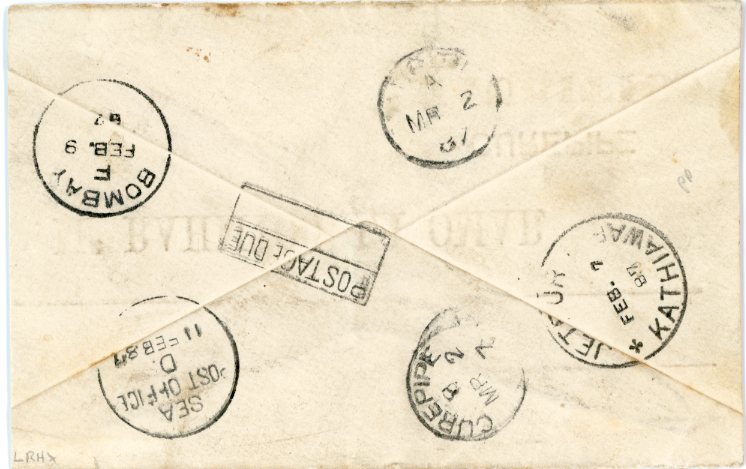 MAURITIUS MAURITIUS: 1887 (fEB 7) Incoming envelope from India with Indian dispatch and transit, sea post office c.d.s., boxed Postage Due and Curepipe all on reverse, on front T in circle handstamp and taxed 26c / TO PAY, fine and scarce strike, envelope slightly reduced at right.