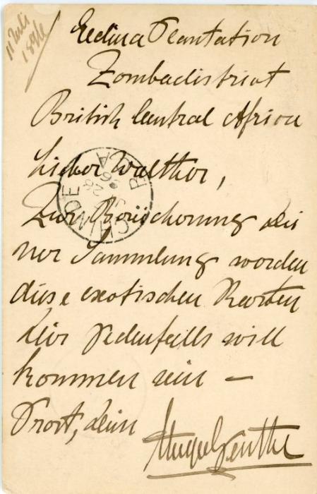 NYASALAND NYASALAND: 1896 (JY 16) British Central Africa 2d. black ‘EXTERNAL’ postal stationery card cancelled Blantyre B.C.A. c.d.s addressed to Germany with Hamburg arrival and Zanzibar transit on front, Chinde transit on reverse, message written from ‘Edina Plantation’ Lomba district, very fine.