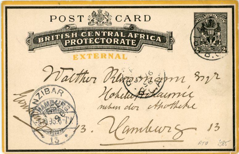 NYASALAND NYASALAND: 1896 (JY 16) British Central Africa 2d. black ‘EXTERNAL’ postal stationery card cancelled Blantyre B.C.A. c.d.s addressed to Germany with Hamburg arrival and Zanzibar transit on front, Chinde transit on reverse, message written from ‘Edina Plantation’ Lomba district, very fine.