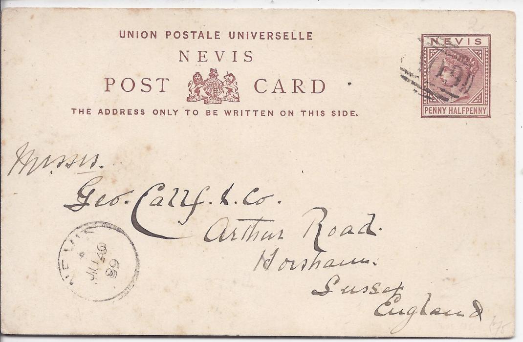 Nevis 1889 Penny Halfpenny stationery card to Horsham, Sussex bearing full message about buying jewellery and sending stamps, cancelled by barred ‘A09’ handstamp with Nevis cds at bottom left.