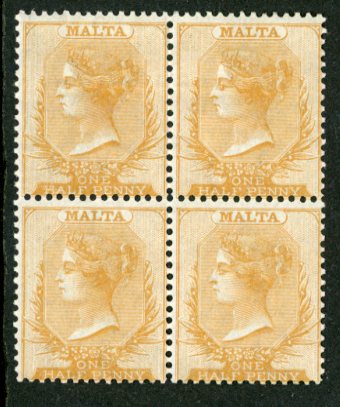 MALTA MALTA: 1875 1/2d. mint block, lower pair unmounted mint, top pair with small hinge remnant and tiny paper inclusion, fine and fresh. S.G. 10