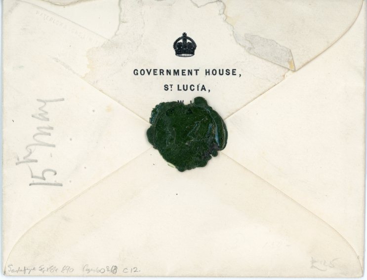 ST. LUCIA ST LUCIA: 1927 (19 May) Envelope imprinted Government House, St Lucia on backflap with seal intact franked 2d. grey tied by violet 3 line CASTRIES / ST LUCIA / 19th May 1927, rare provisional datestamp as all the original datestamps which were destroyed in a fire on the night of May 14th when most of the capital was damaged. Used only from 15th-20th May.