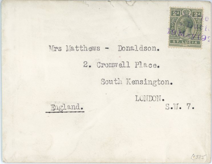 ST. LUCIA ST LUCIA: 1927 (19 May) Envelope imprinted Government House, St Lucia on backflap with seal intact franked 2d. grey tied by violet 3 line CASTRIES / ST LUCIA / 19th May 1927, rare provisional datestamp as all the original datestamps which were destroyed in a fire on the night of May 14th when most of the capital was damaged. Used only from 15th-20th May.