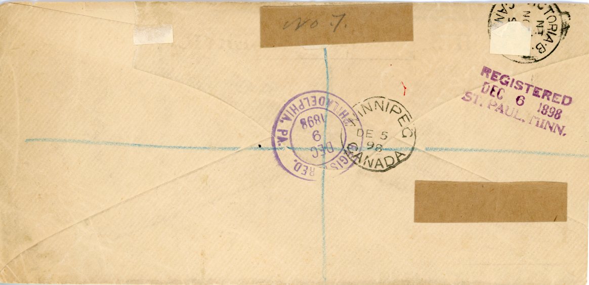 FIJI FIJI: 1898 (NOV 18) Long registered envelope to USA franked 1891-98 1/2d. pair + 1d. mauve (3) + 2d. + 2 1/2d. (2) tied by G.P.O Suva Fiji c.d.s’s, various transit backstamps including 2 Canadian and 2 US registered, envelope reduced at left.