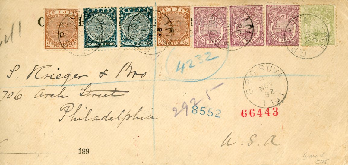 FIJI FIJI: 1898 (NOV 18) Long registered envelope to USA franked 1891-98 1/2d. pair + 1d. mauve (3) + 2d. + 2 1/2d. (2) tied by G.P.O Suva Fiji c.d.s’s, various transit backstamps including 2 Canadian and 2 US registered, envelope reduced at left.
