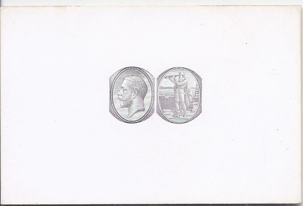 Saint Kitts-Nevis 1920 proof on thick card of central design of King George V Head and Christopher Columbus with telescope; fine and scarce.
