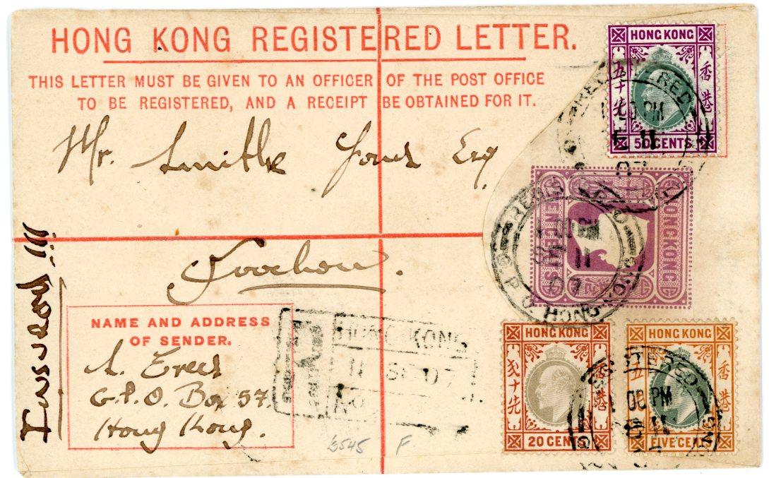 HONG KONG HONG KONG: 1907 (11 Sept.) QV size F envelope to Foochow uprated with KEVII 5c., 20c. and 50c. cancelled by large Registered Hong Kong cds, a good strike of the boxed registered handstamp type RL8 and marked, at the side, “Insured!!!”, fine.