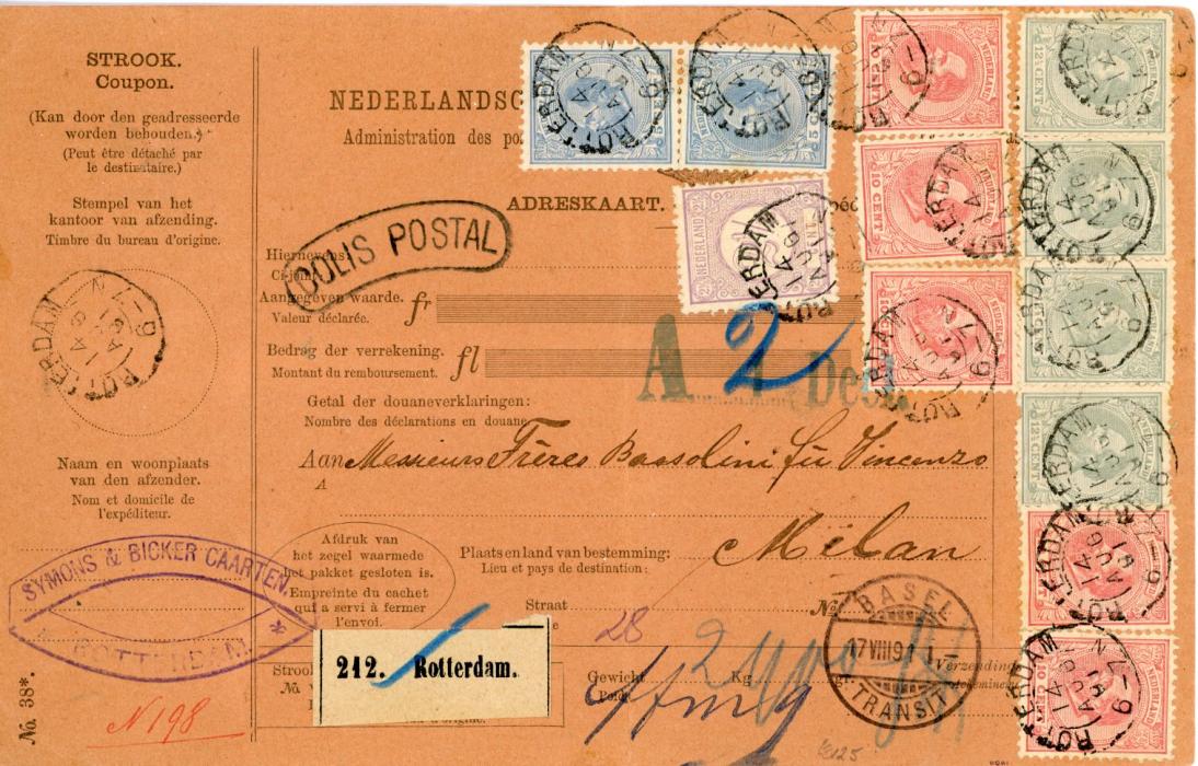 NETHERLANDS NETHERLANDS: 1891 (14 AUG) parcel card to Italy franked 1872-91 5c. (2) + 10c. (5) + 12 1/2c. (4) in combination with 1876-94 2 1/2c, all tied Rotterdam cds with Basel transit, Emmerich and Frankfurt backstamps along with Milano arrival. Spectacular franking. Central vertical crease affecting one 5c. One 12 1/2c. with small defect.