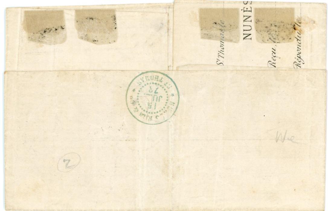 DANISH WEST INDIES DANISH WEST INDIES - Great Britain Used Abroad: 1873 (JY 15) folded cover imprinted Nunes Fils & Co / St Thomas franked GB 4d. vermilion plate 13 tied by fine ST THOMAS PAID C51 duplex, addressed to Port of Spain with TRINIDAD (JY 20) double arc cds alongside, vertical central crease.