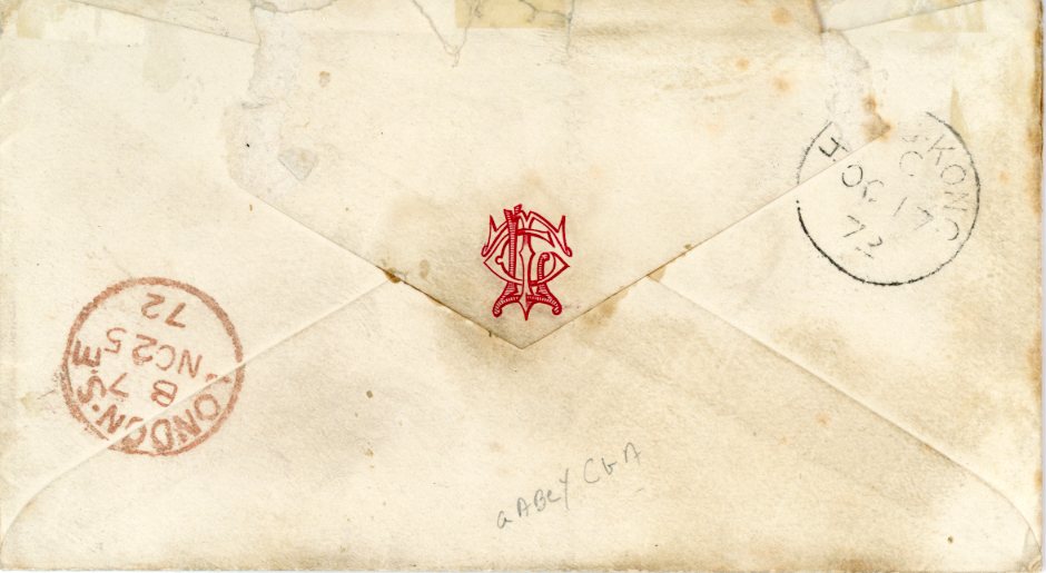 HONG KONG HONG KONG: 1872 (Oc 17) Envelope to London franked 1863-71 6c. lilac+ 24c. green tied by B62, London No 25 arrival in red and HONG KONG C dispatch backstamps, little roughly opened at top with small losses to backflap and small tears not affecting franking, neat.
