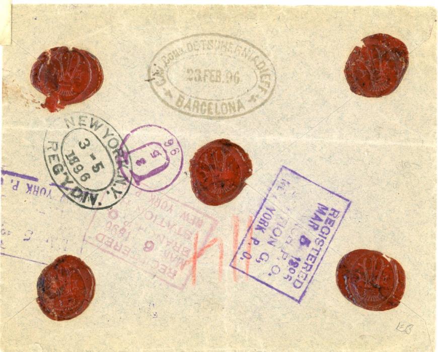 SPAIN SPAIN: 1896 (24 FEB) Registered envelope to USA franked 1899 2c. sage green (2 pairs + single) + vertical pair 20c. yellowish green all tied by boxed Barcelona dss, in addition 10c. brown with A..R. manuscript (Avisde Reception), diverse backstamps with 3 different NEW YORK Reg. datestamps, light horizontal crease just touching 10c.